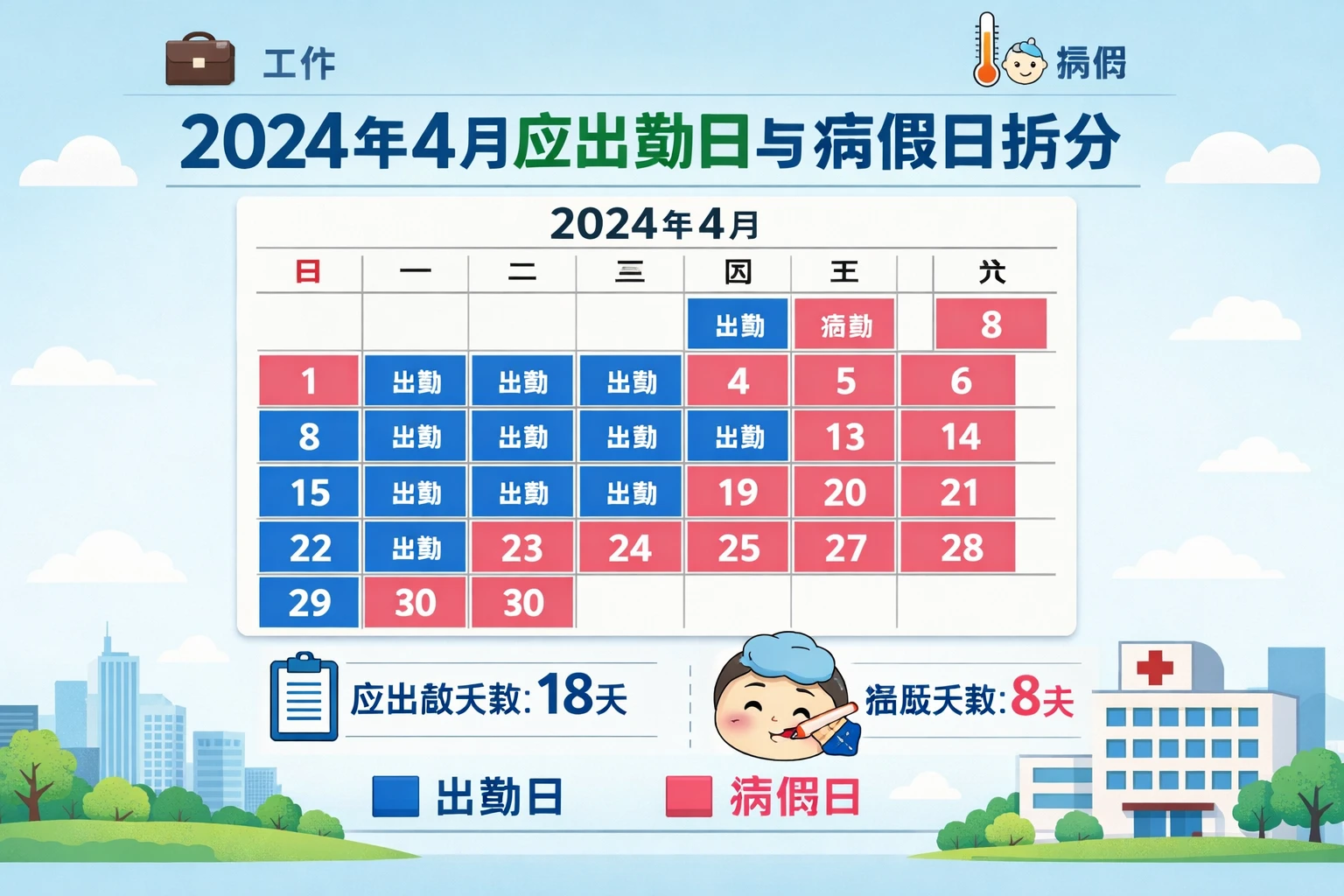 2024年4月应出勤日与病假日拆分