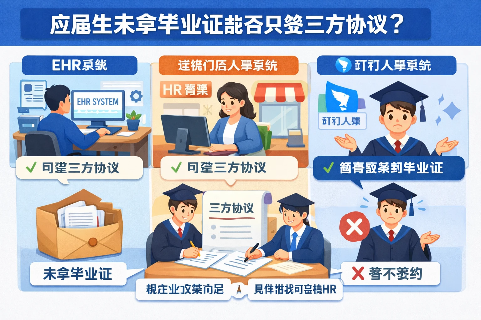 ehr系统、连锁门店人事系统与钉钉人事系统场景下,应届生未拿毕业证能否只签三方协议?