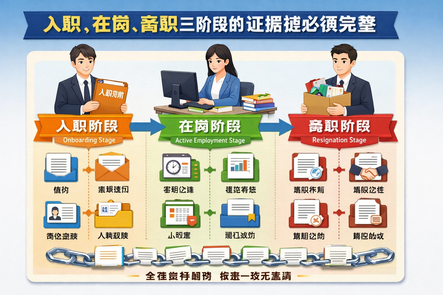 入职、在岗、离职三阶段的证据链必须完整