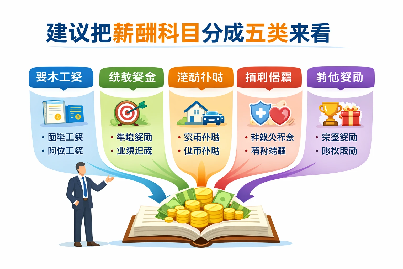 建议把薪酬科目分成五类来看