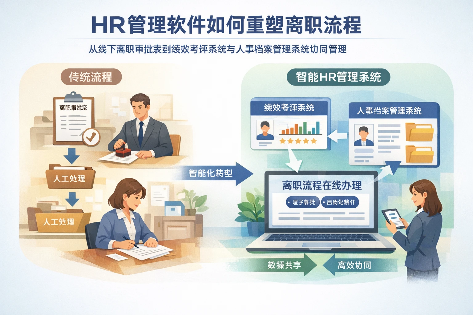 HR管理软件如何重塑离职流程：从线下离职审批表到绩效考评系统与人事档案管理系统协同管理