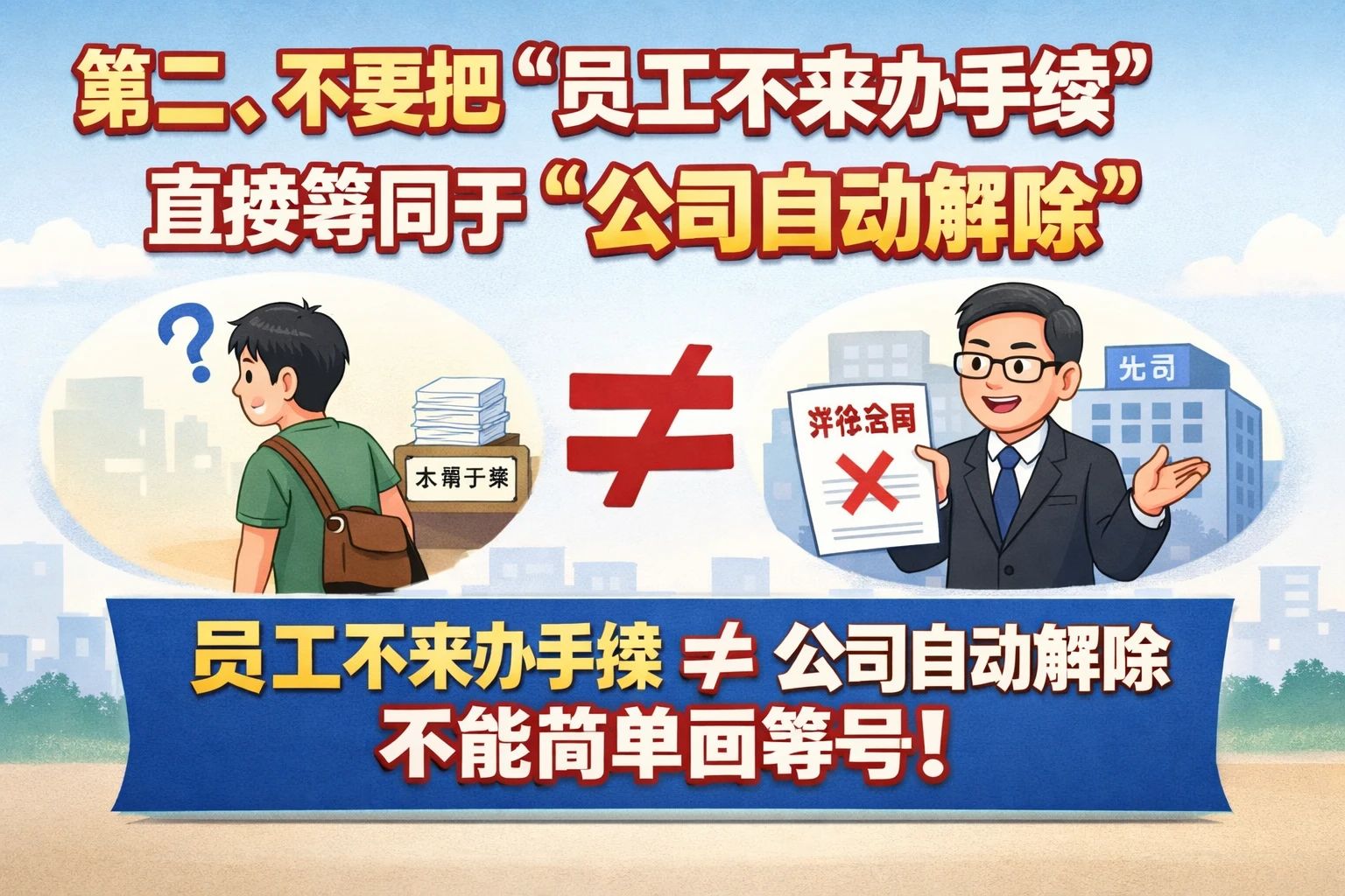 第二，不要把“员工不来办手续”直接等同于“公司自动解除”