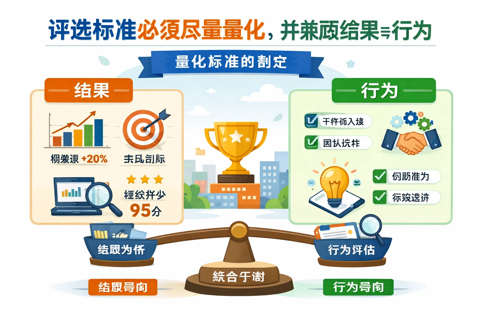 评选标准必须尽量量化，并兼顾结果与行为