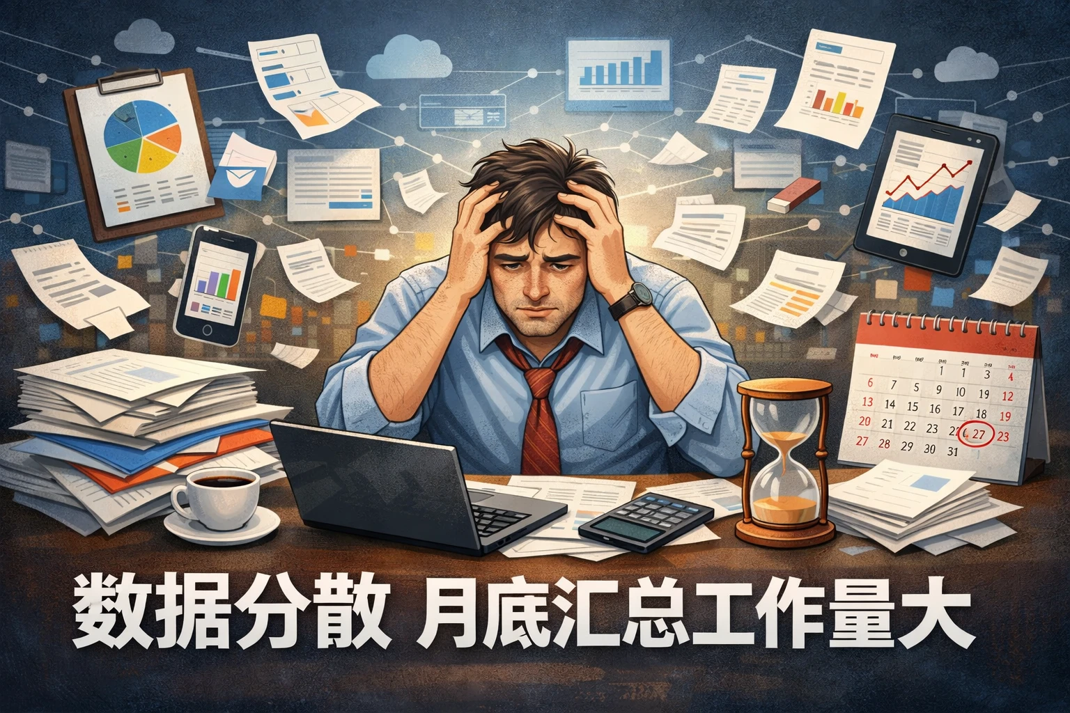 数据分散，月底汇总工作量大