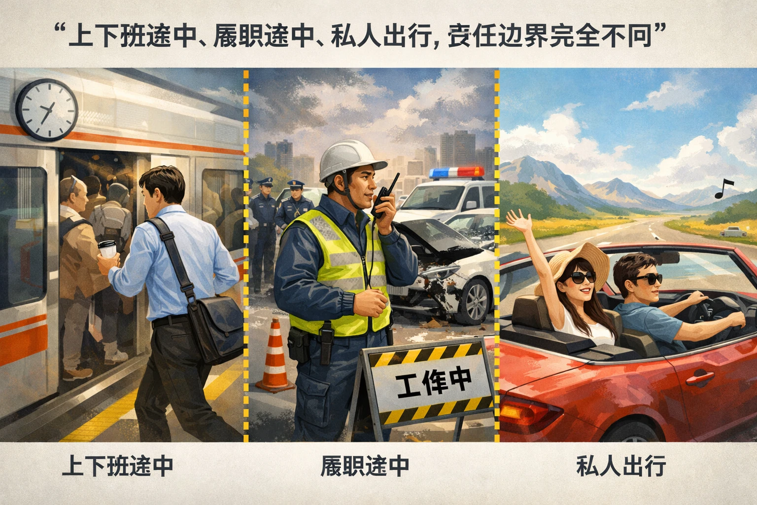 上下班途中、履职途中、私人出行，责任边界完全不同