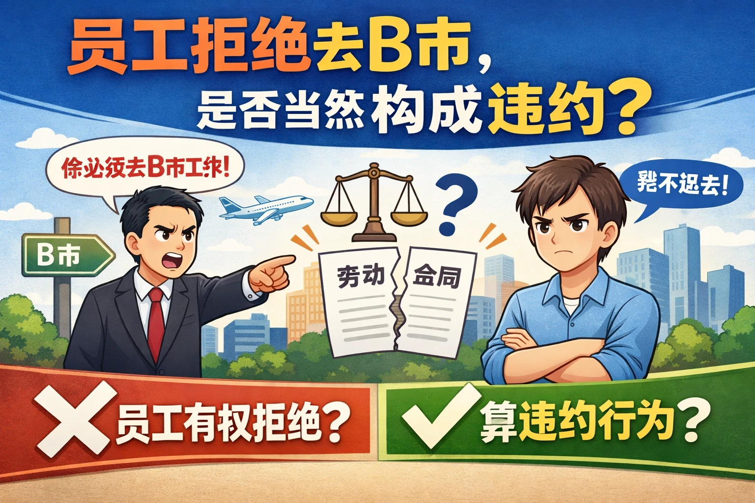 员工拒绝去B市,是否当然构成违约