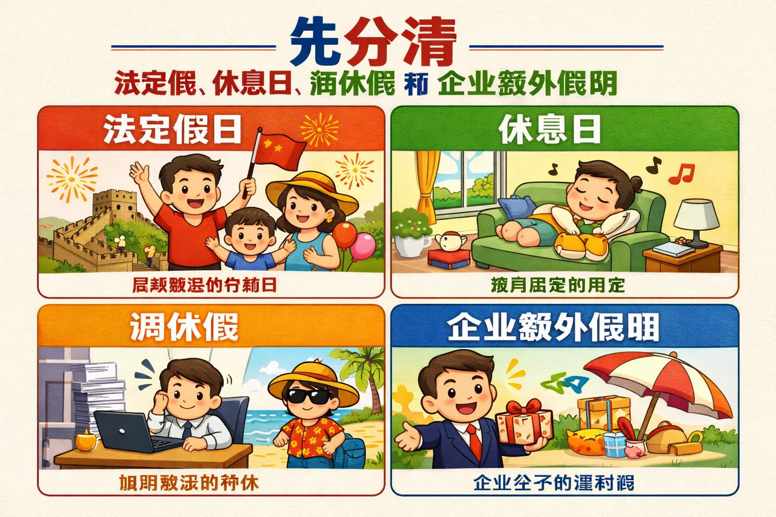 先分清法定假、休息日、调休假和企业额外假期