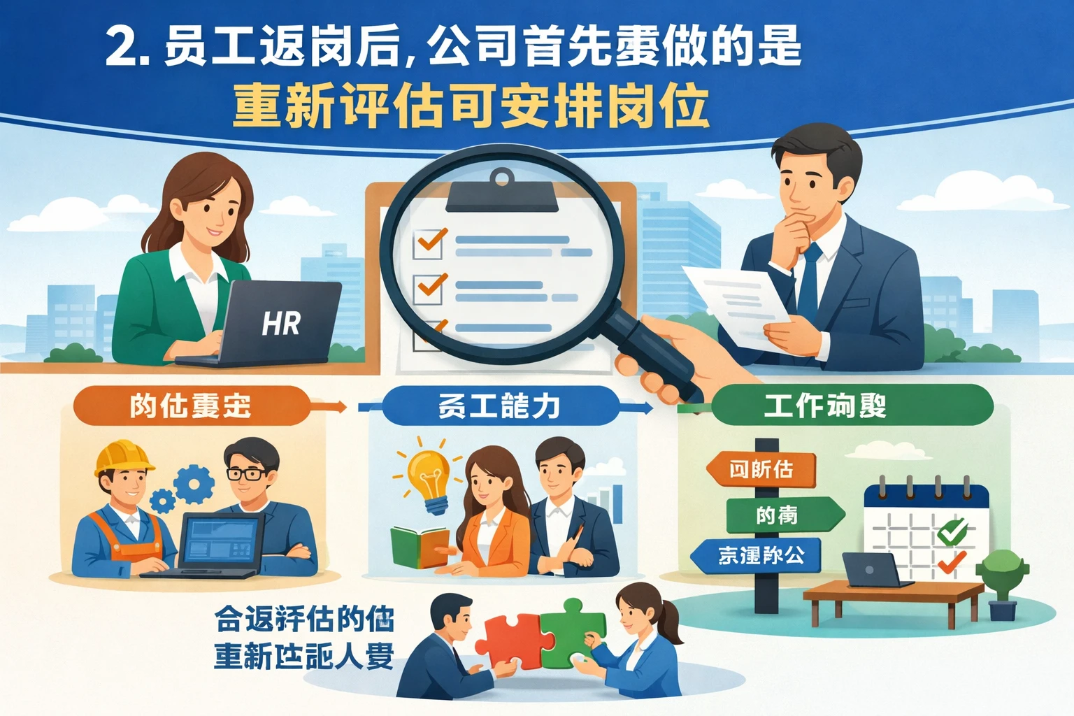 2. 员工返岗后，公司首先要做的是重新评估可安排岗位