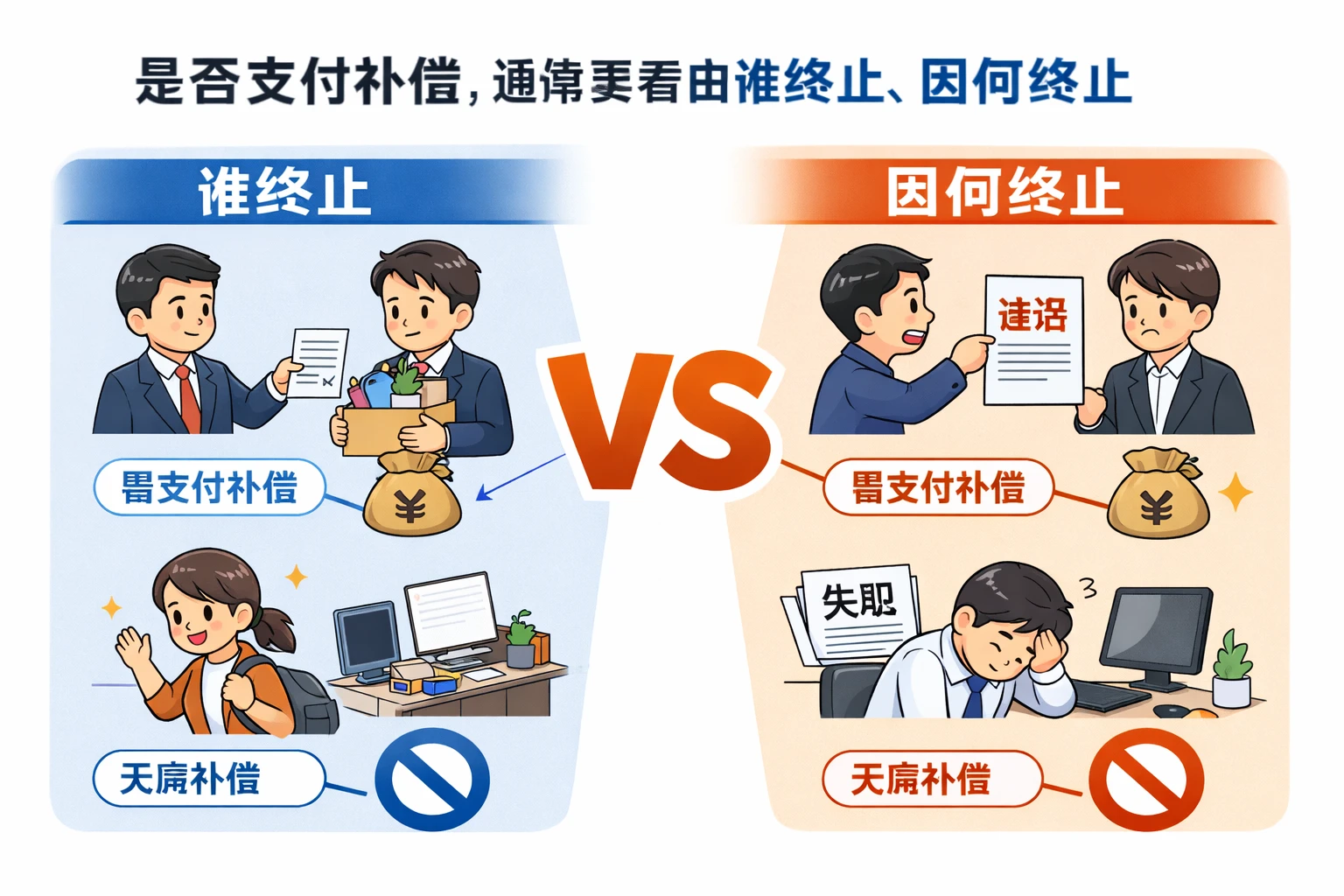 是否支付补偿,通常要看由谁终止、因何终止