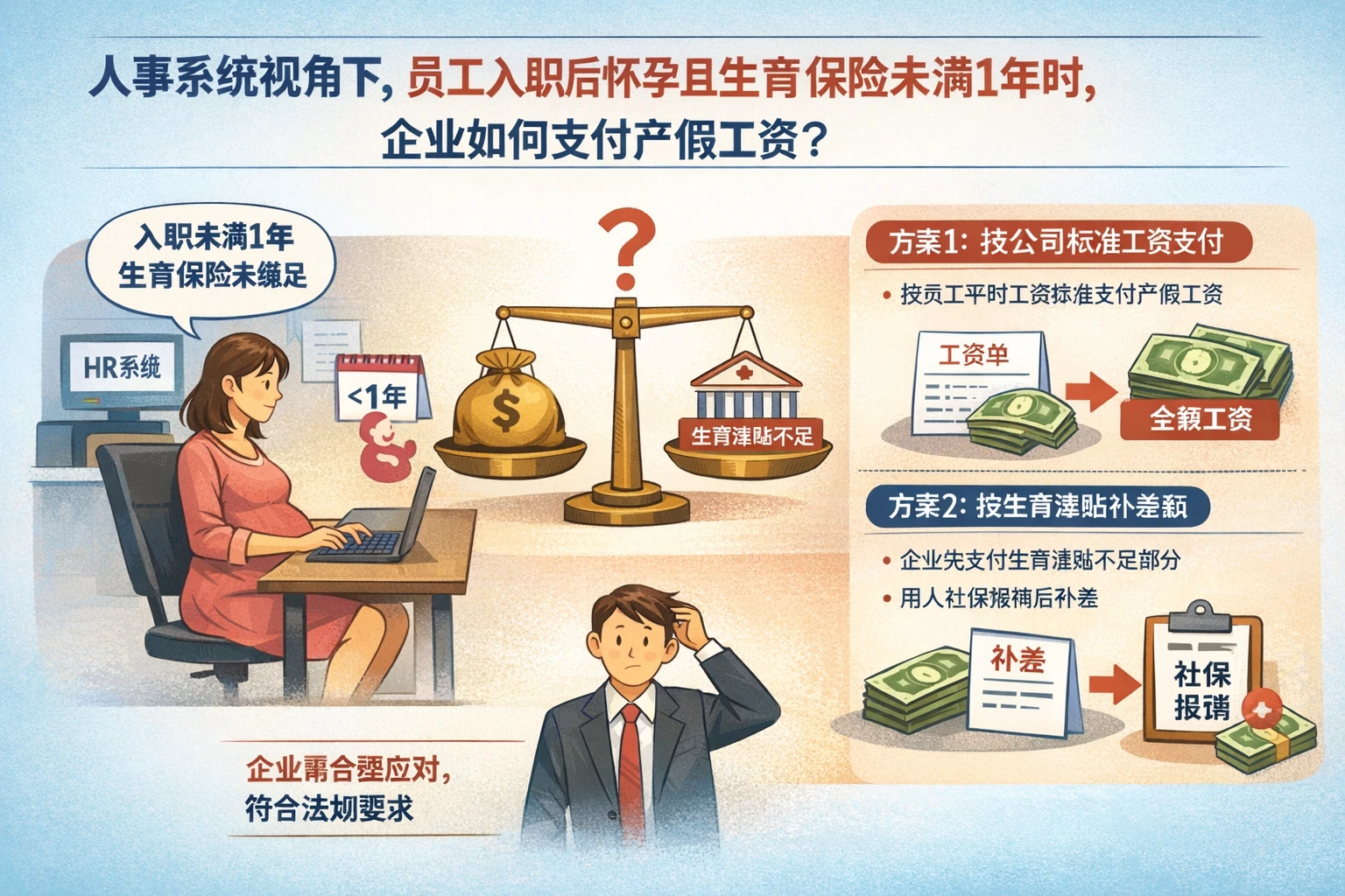 人事系统视角下，员工入职后怀孕且生育保险未满1年时，企业如何支付产假工资