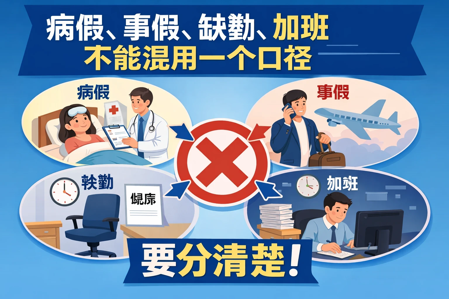 病假、事假、缺勤、加班不能混用一个口径