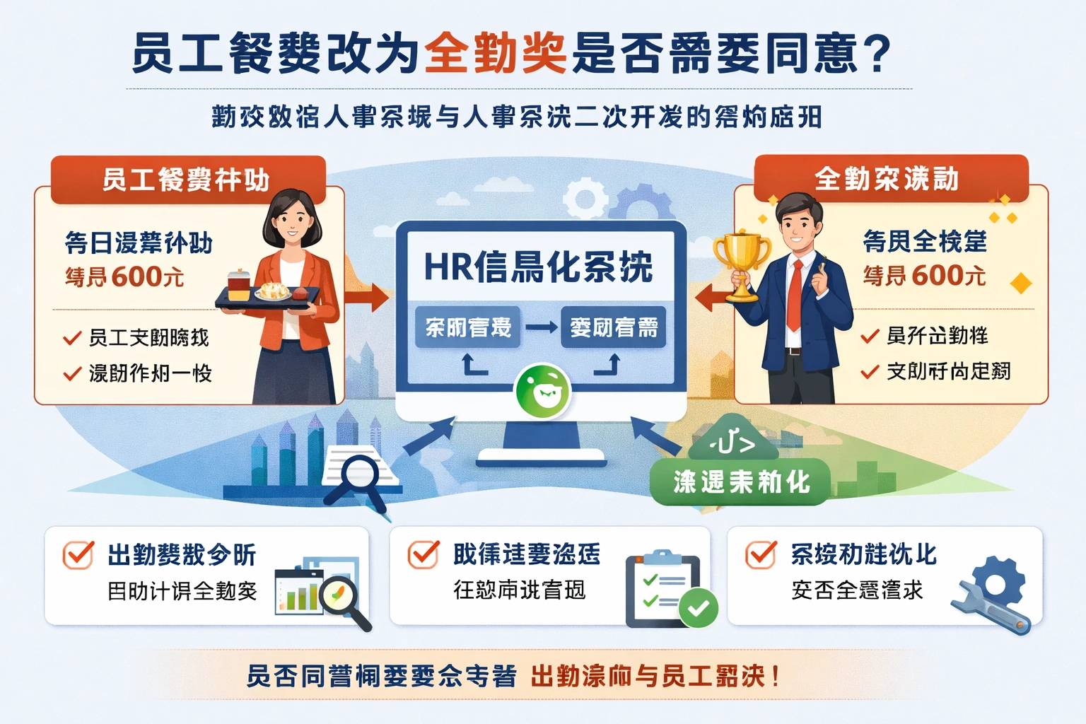 人力资源信息化系统视角下，员工餐费改为全勤奖是否需要同意？兼谈微信人事系统与人事系统二次开发的落地应用