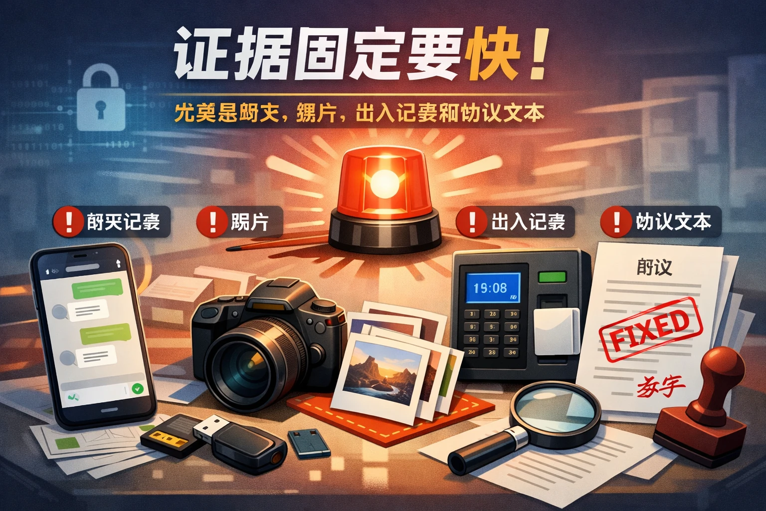 证据固定要快，尤其是聊天、照片、出入记录和协议文本
