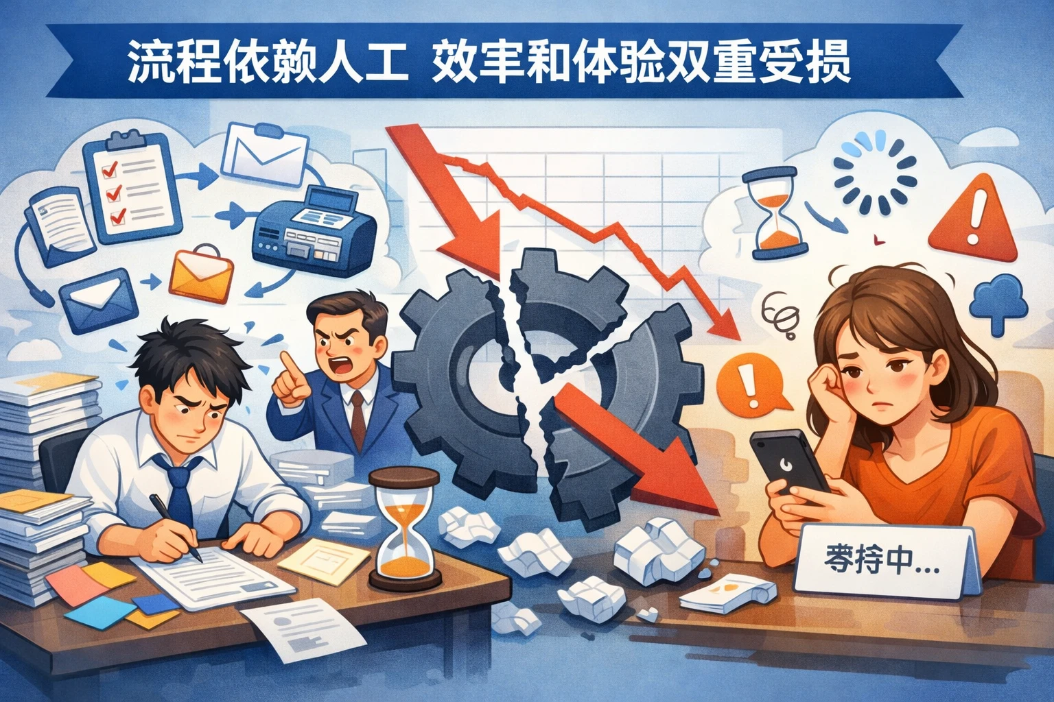 流程依赖人工，效率和体验双重受损