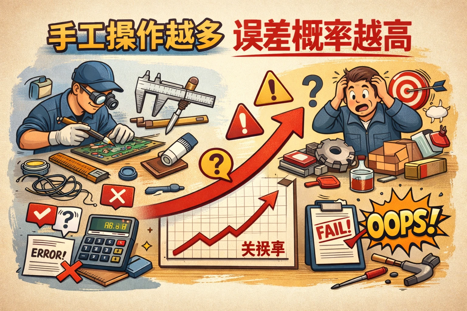 手工操作越多，误差概率越高