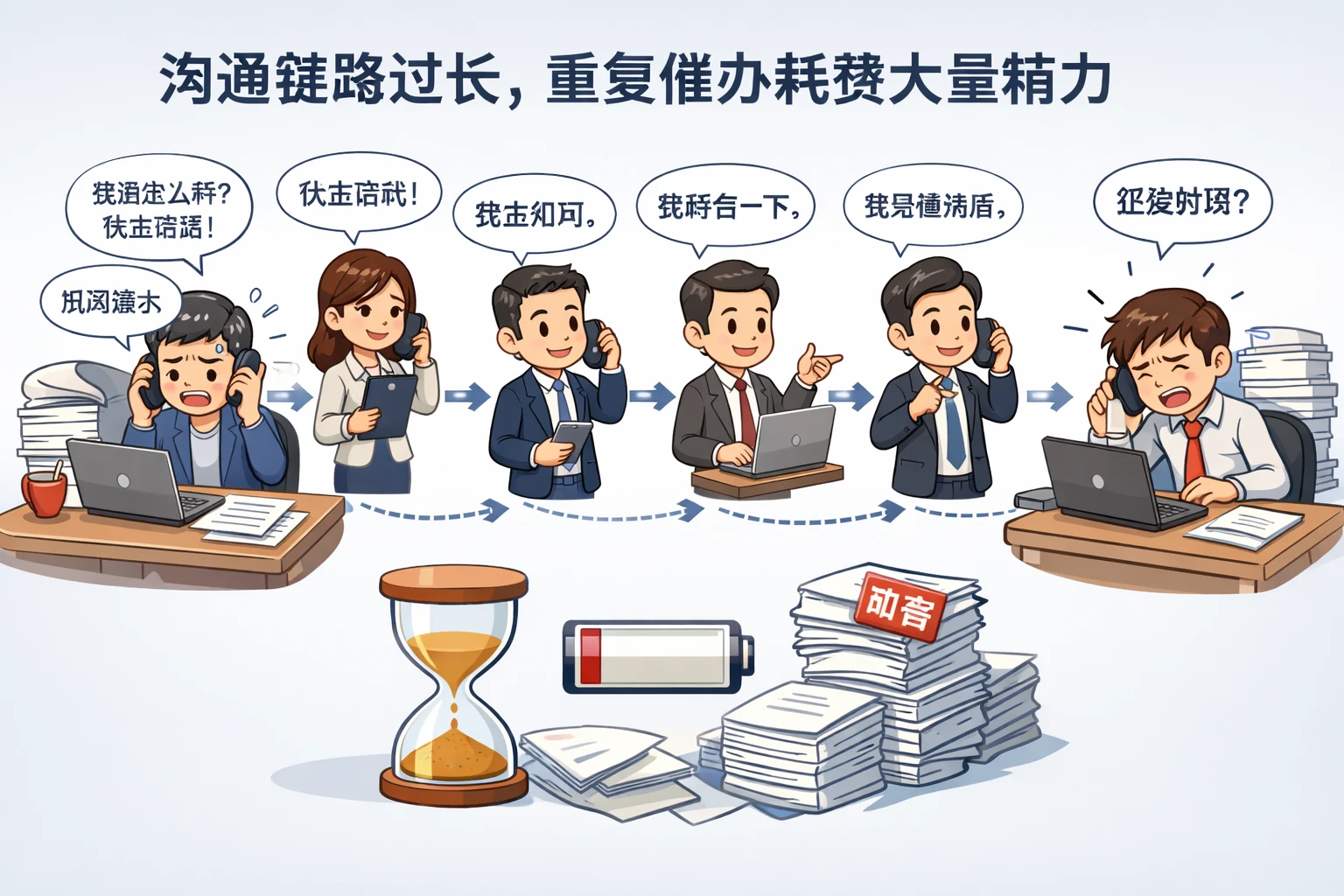 沟通链路过长，重复催办耗费大量精力