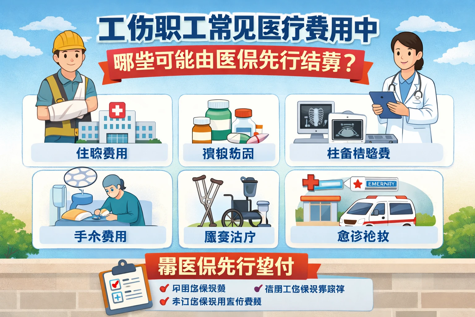 工伤职工常见医疗费用中，哪些可能由医保先行结算