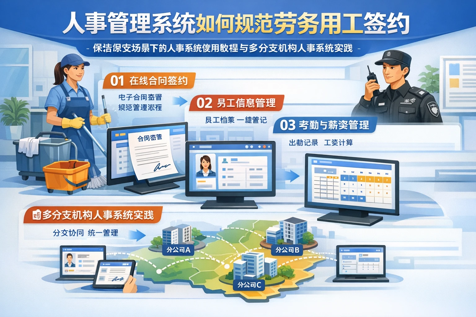 人事管理系统如何规范劳务用工签约：保洁保安场景下的人事系统使用教程与多分支机构人事系统实践