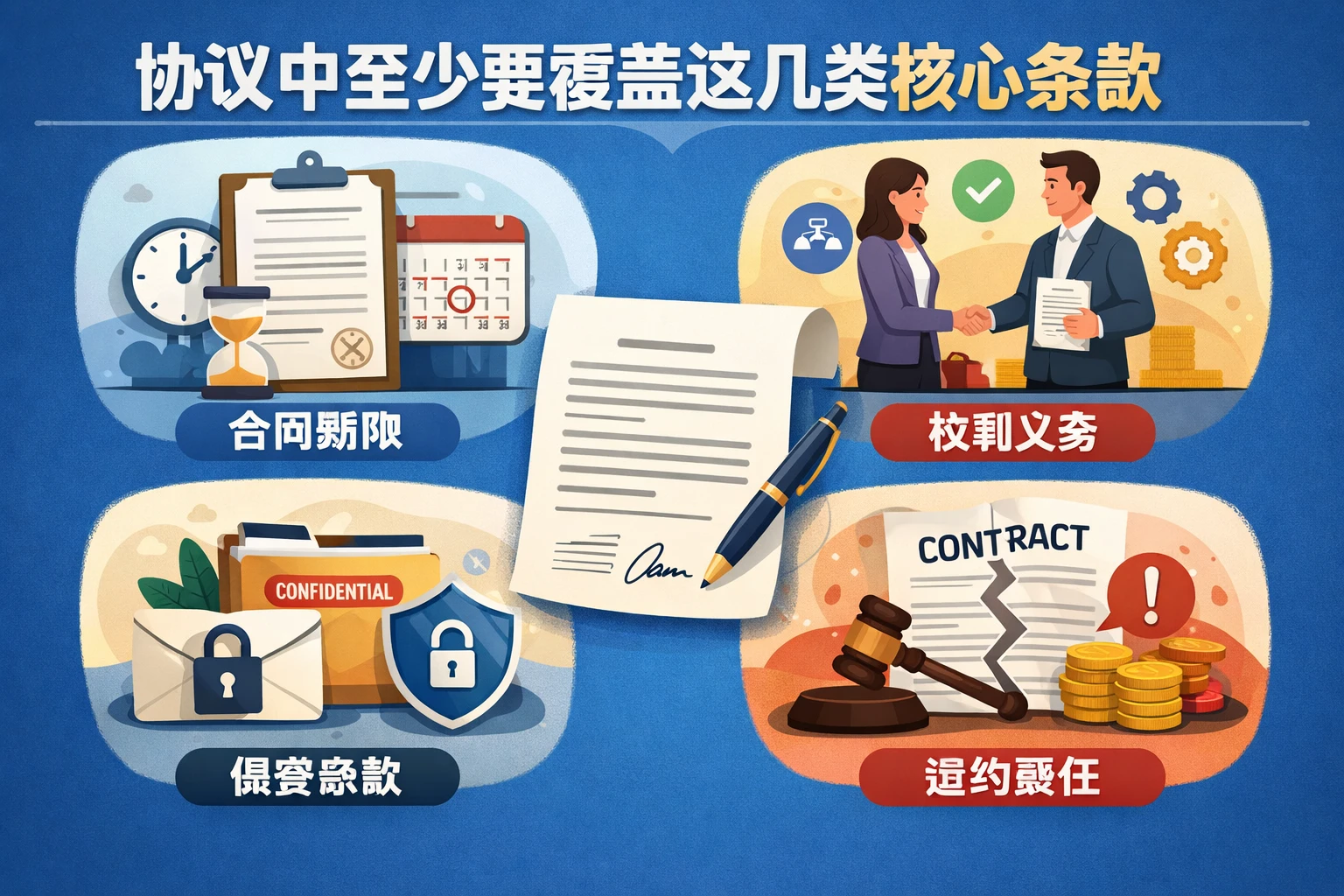 协议中至少要覆盖这几类核心条款