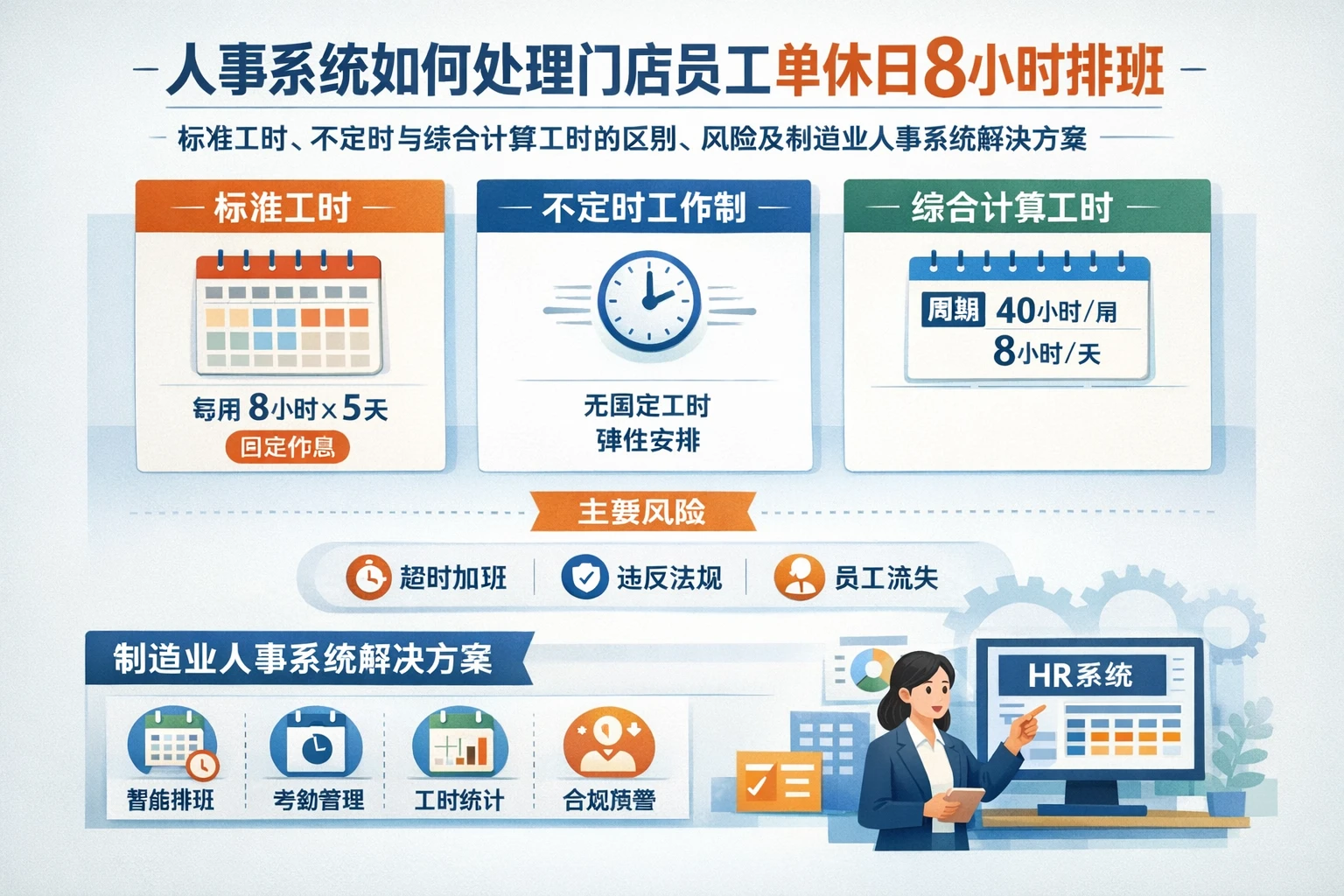人事系统如何处理门店员工单休日8小时排班：标准工时、不定时与综合计算工时的区别、风险及制造业人事系统解决方案