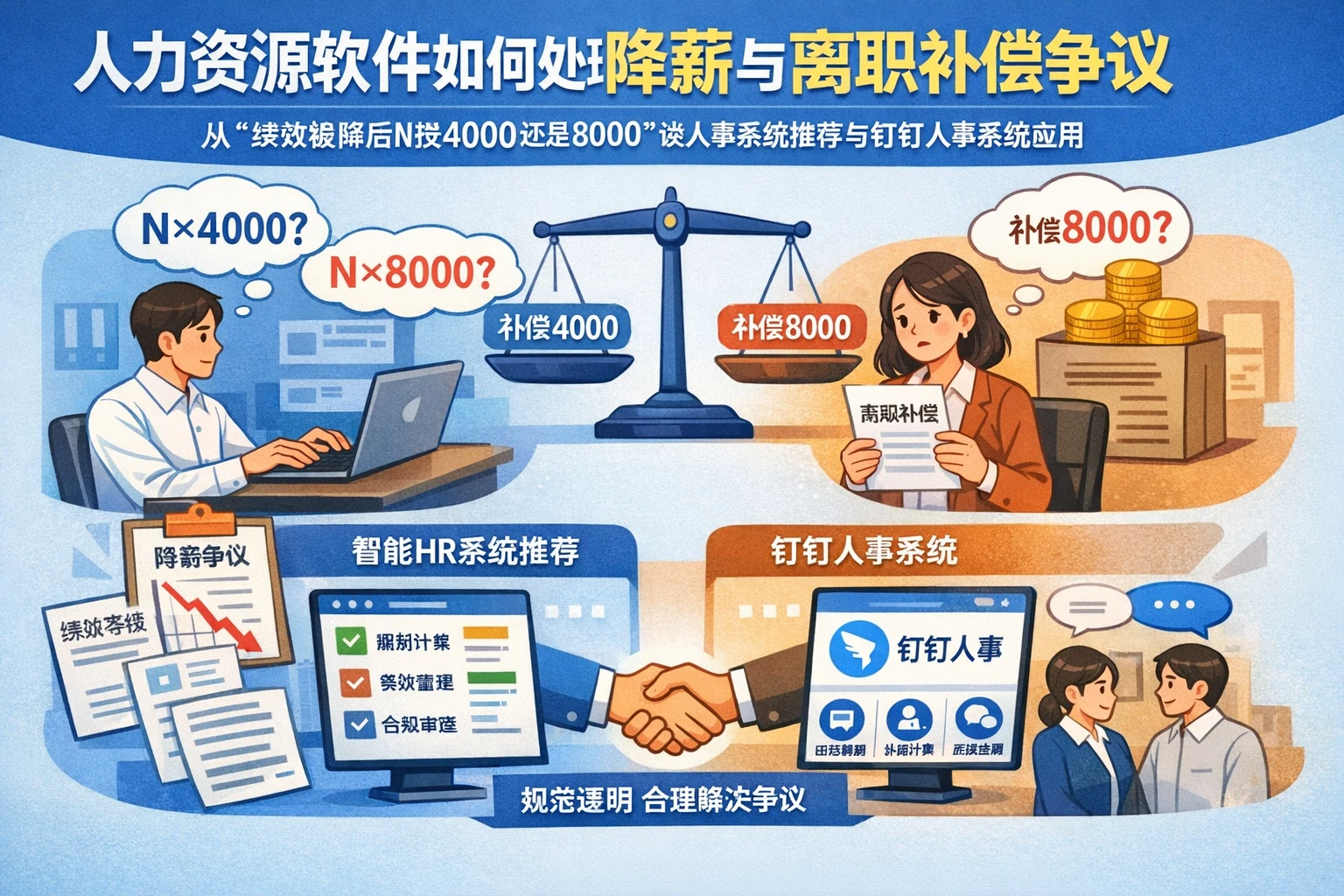 人力资源软件如何处理降薪与离职补偿争议：从“绩效被降后N按4000还是8000”谈人事系统推荐与钉钉人事系统应用