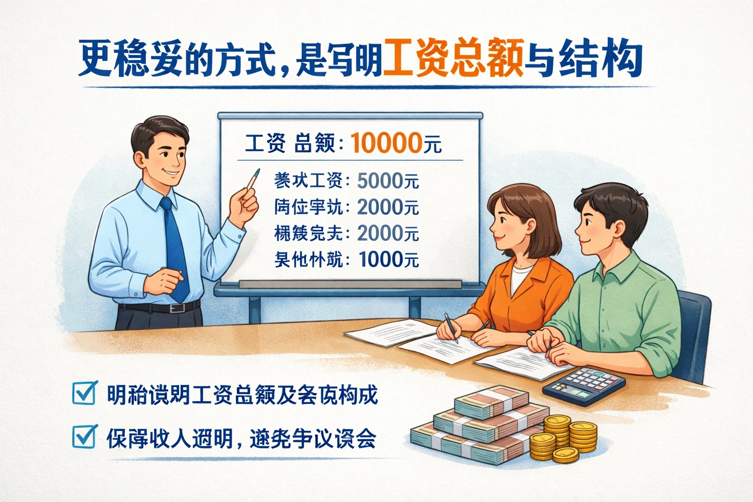 更稳妥的方式，是写明工资总额与结构