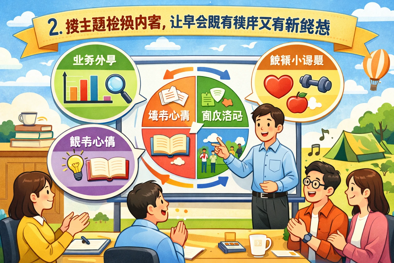 2. 按主题轮换内容，让早会既有秩序又有新鲜感