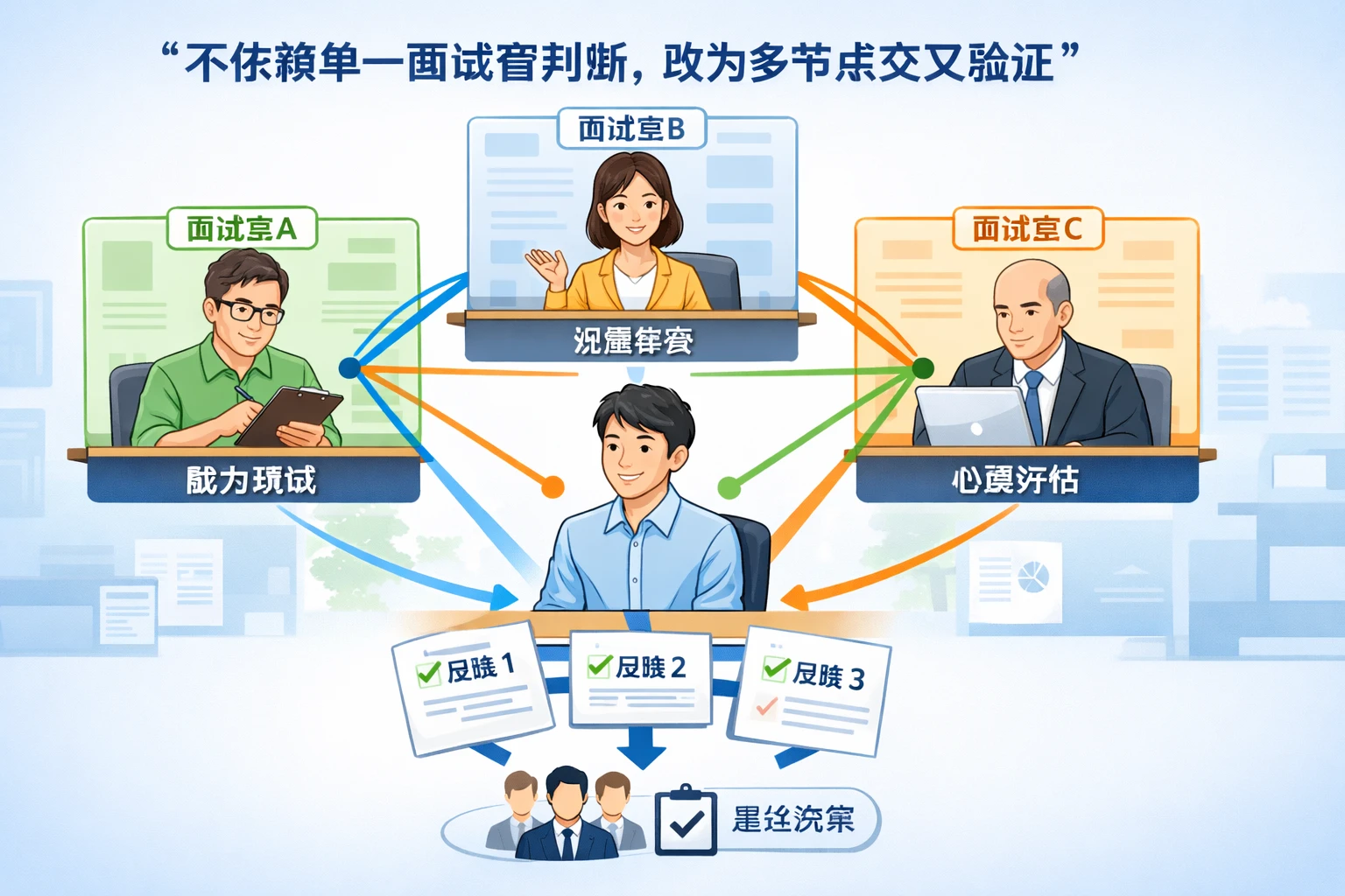 不依赖单一面试官判断，改为多节点交叉验证