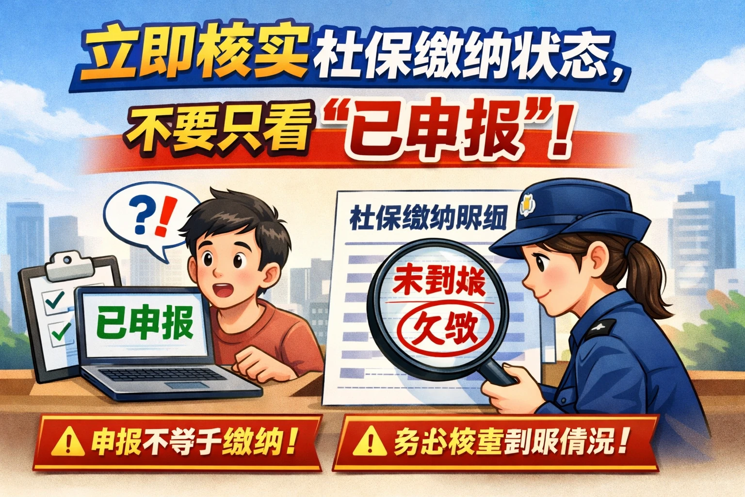 立即核实社保缴纳状态，不要只看“已申报”