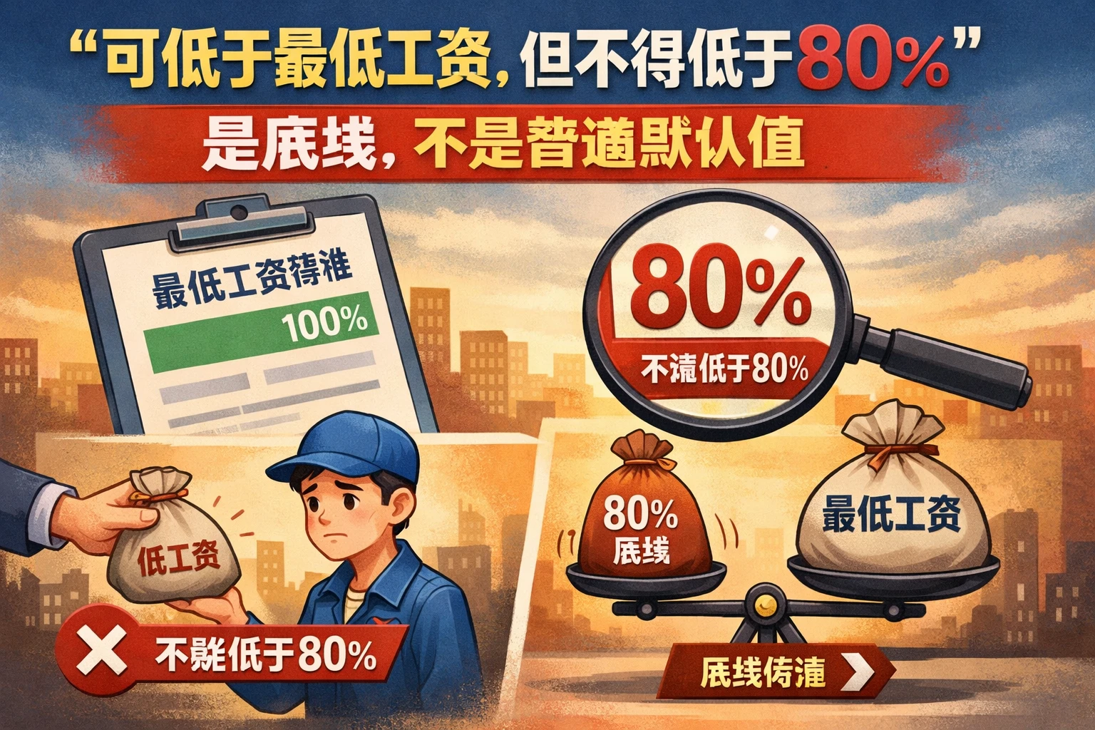“可低于最低工资，但不得低于80%”是底线，不是普遍默认值