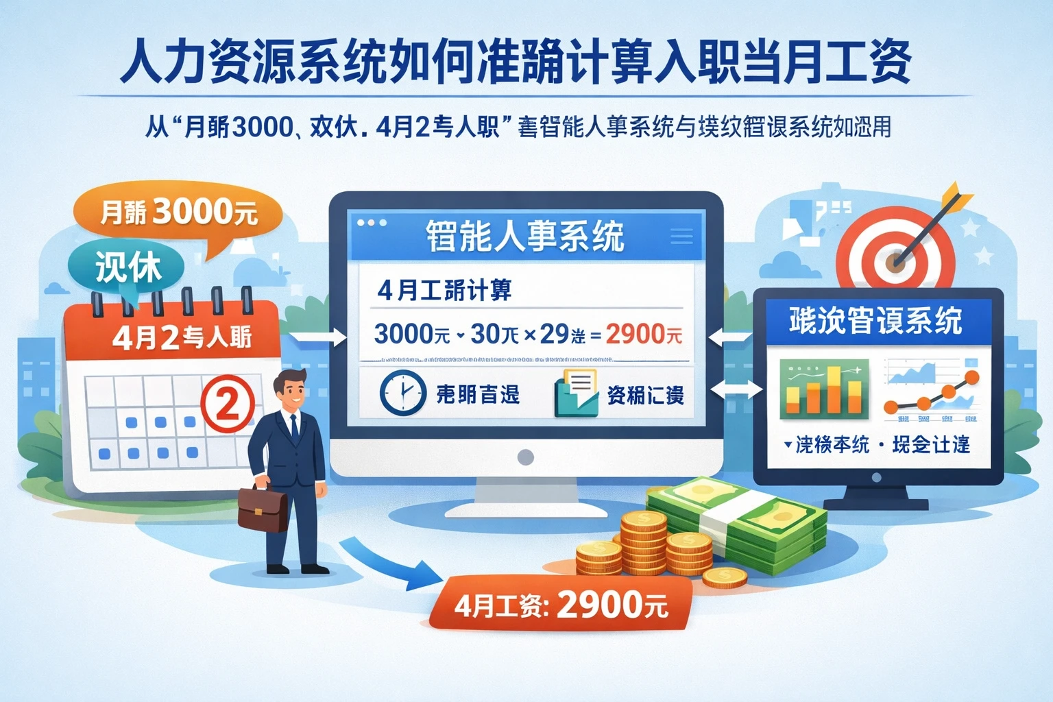 人力资源系统如何准确计算入职当月工资：从“月薪3000、双休、4月2号入职”看智能人事系统与绩效管理系统的应用