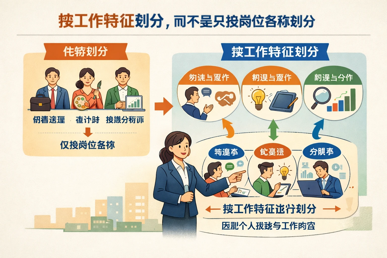 按工作特征划分，而不是只按岗位名称划分