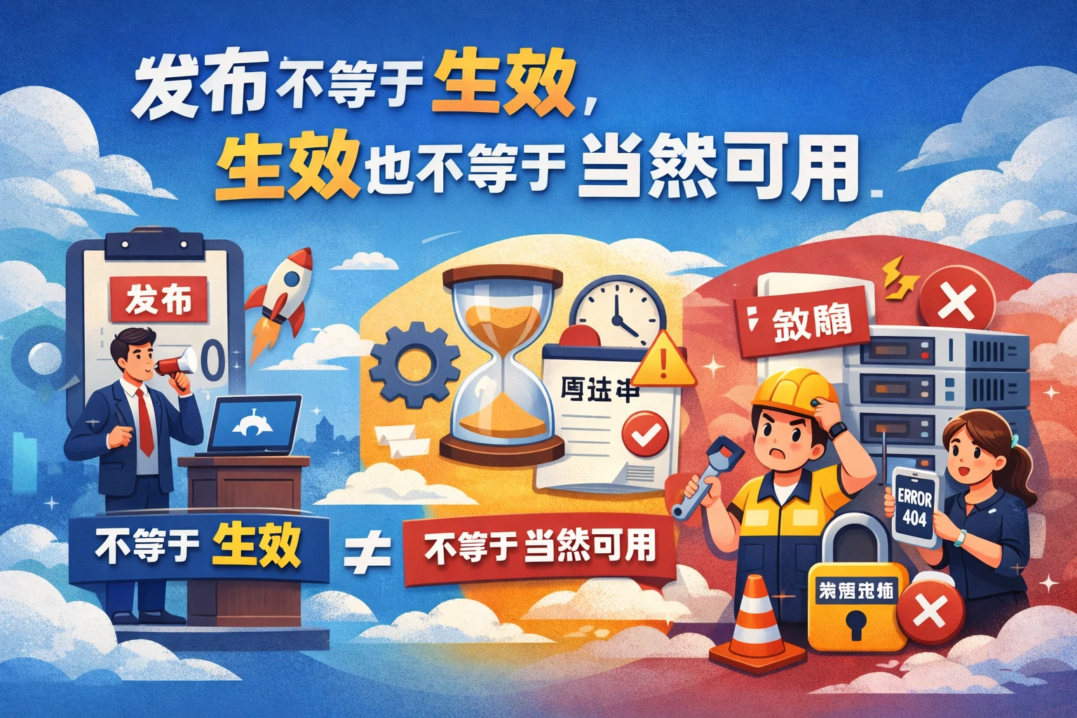 发布不等于生效，生效也不等于当然可用