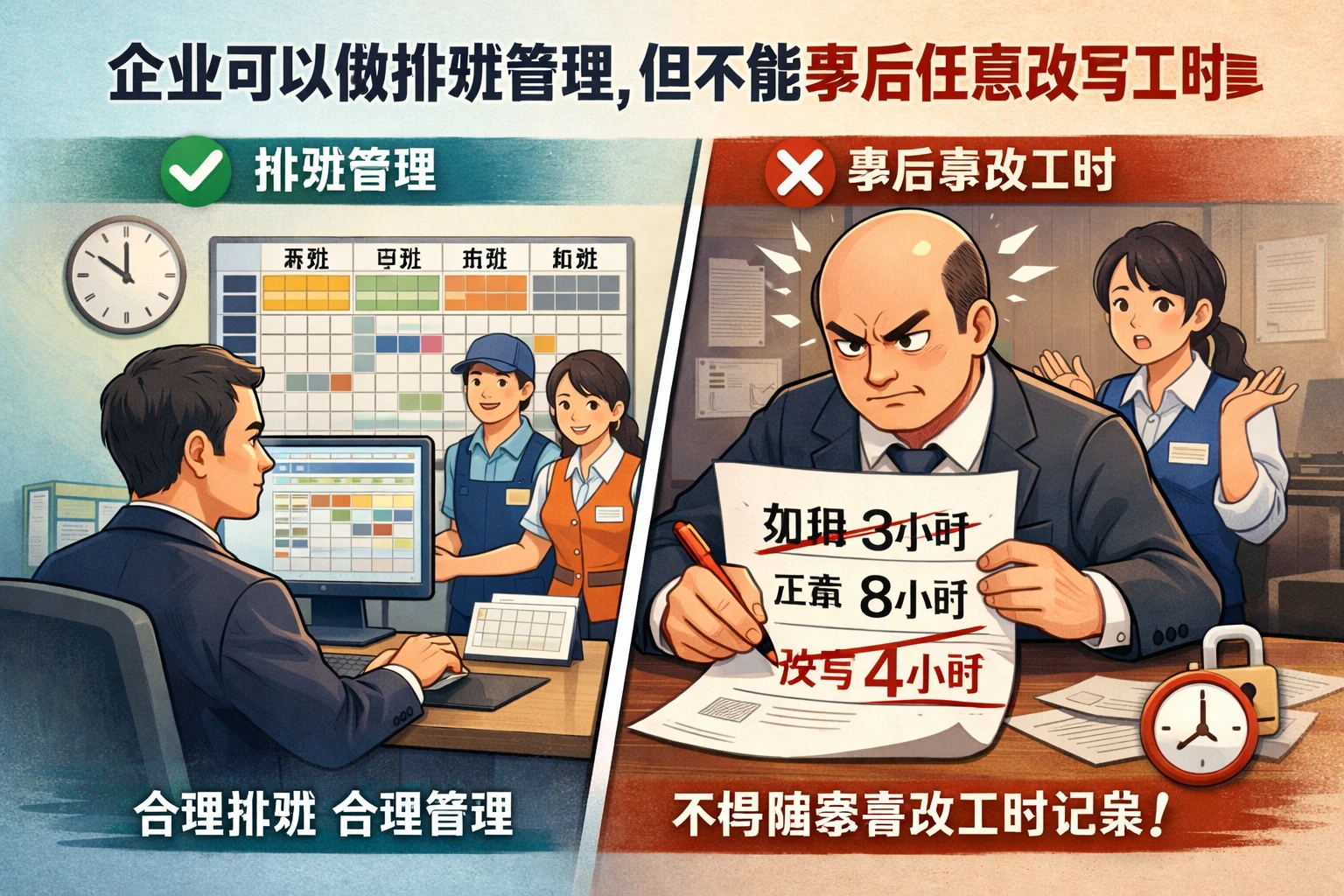 2. 企业可以做排班管理，但不能事后任意改写工时属性
