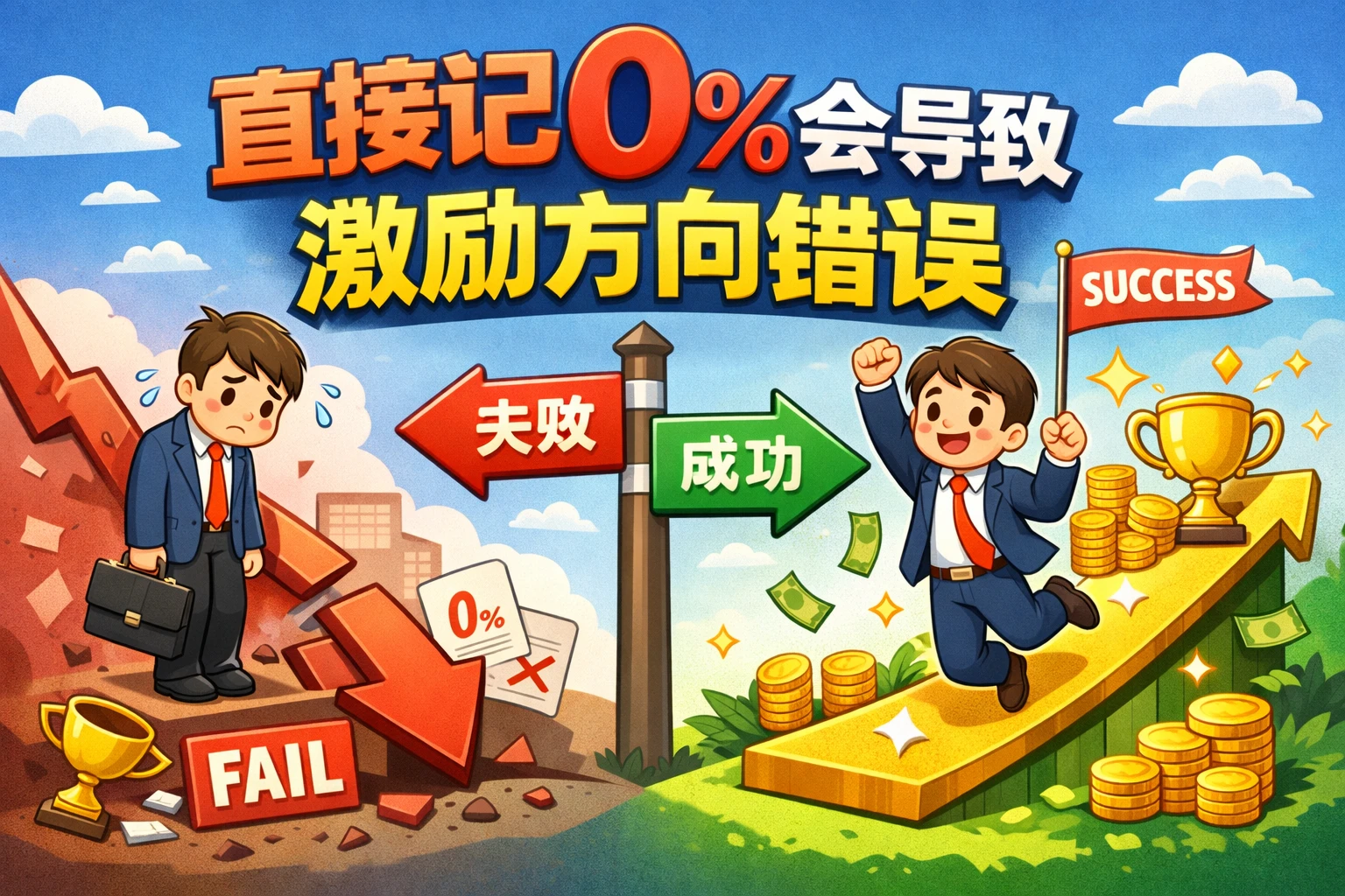 直接记0%会导致激励方向错误