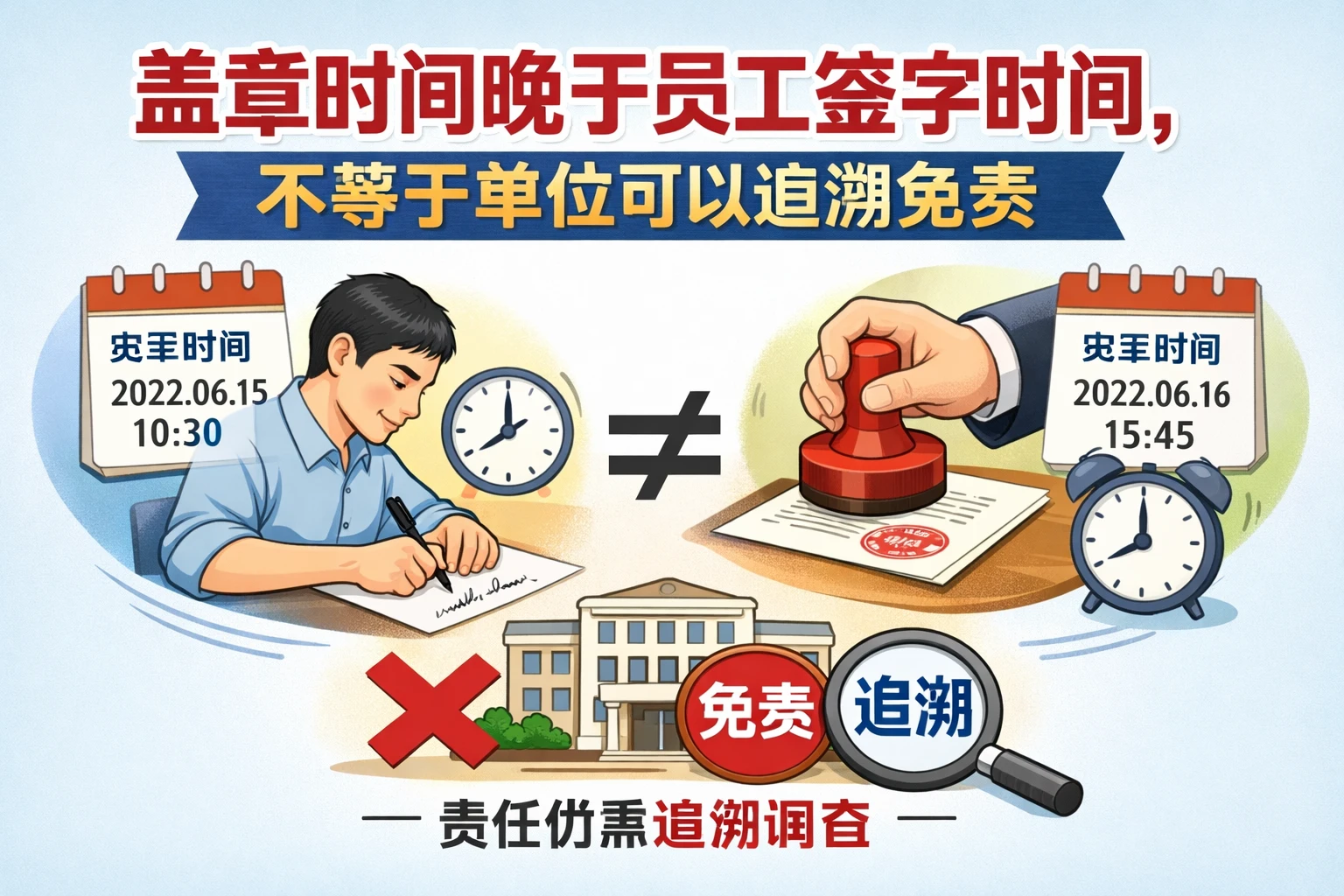 盖章时间晚于员工签字时间，不等于单位可以追溯免责