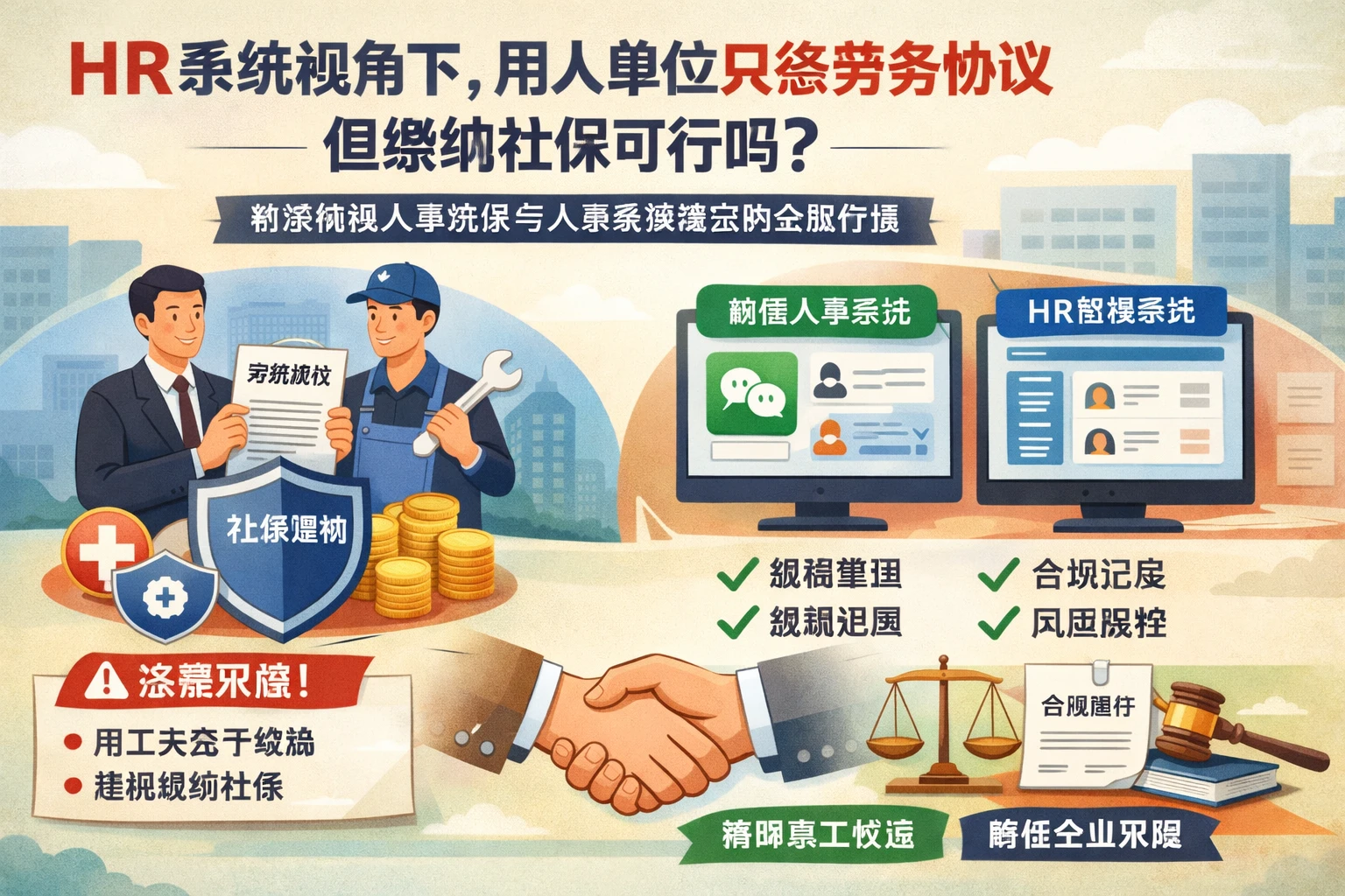 HR系统视角下,用人单位只签劳务协议但缴纳社保可行吗?兼谈微信人事系统与人事系统演示的合规价值