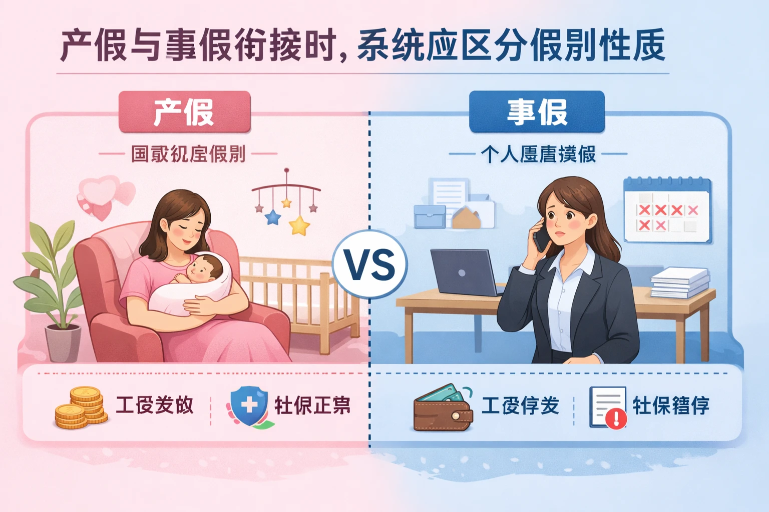 产假与事假衔接时，系统应区分假别性质