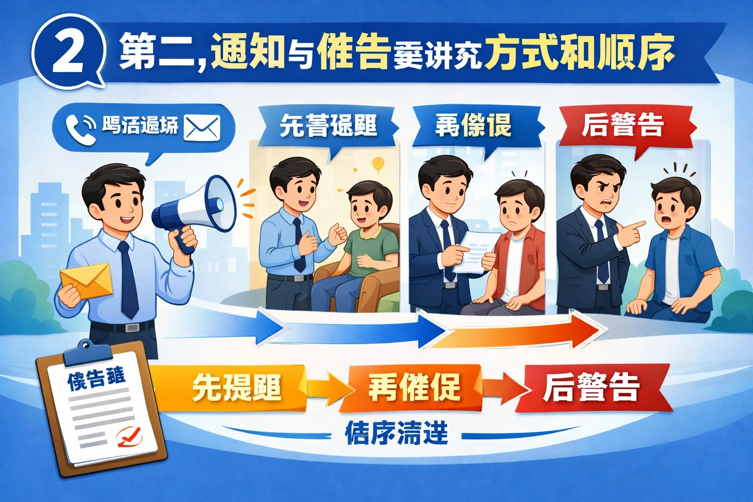 第二，通知与催告要讲究方式和顺序