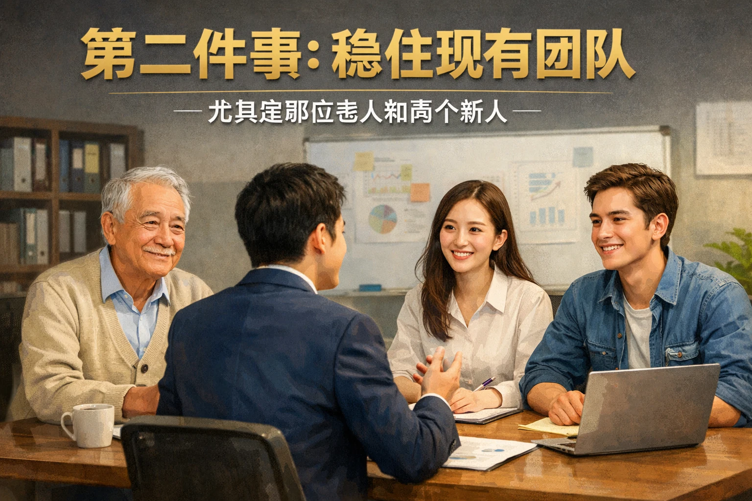 第二件事：稳住现有团队，尤其是那位老人和两个新人