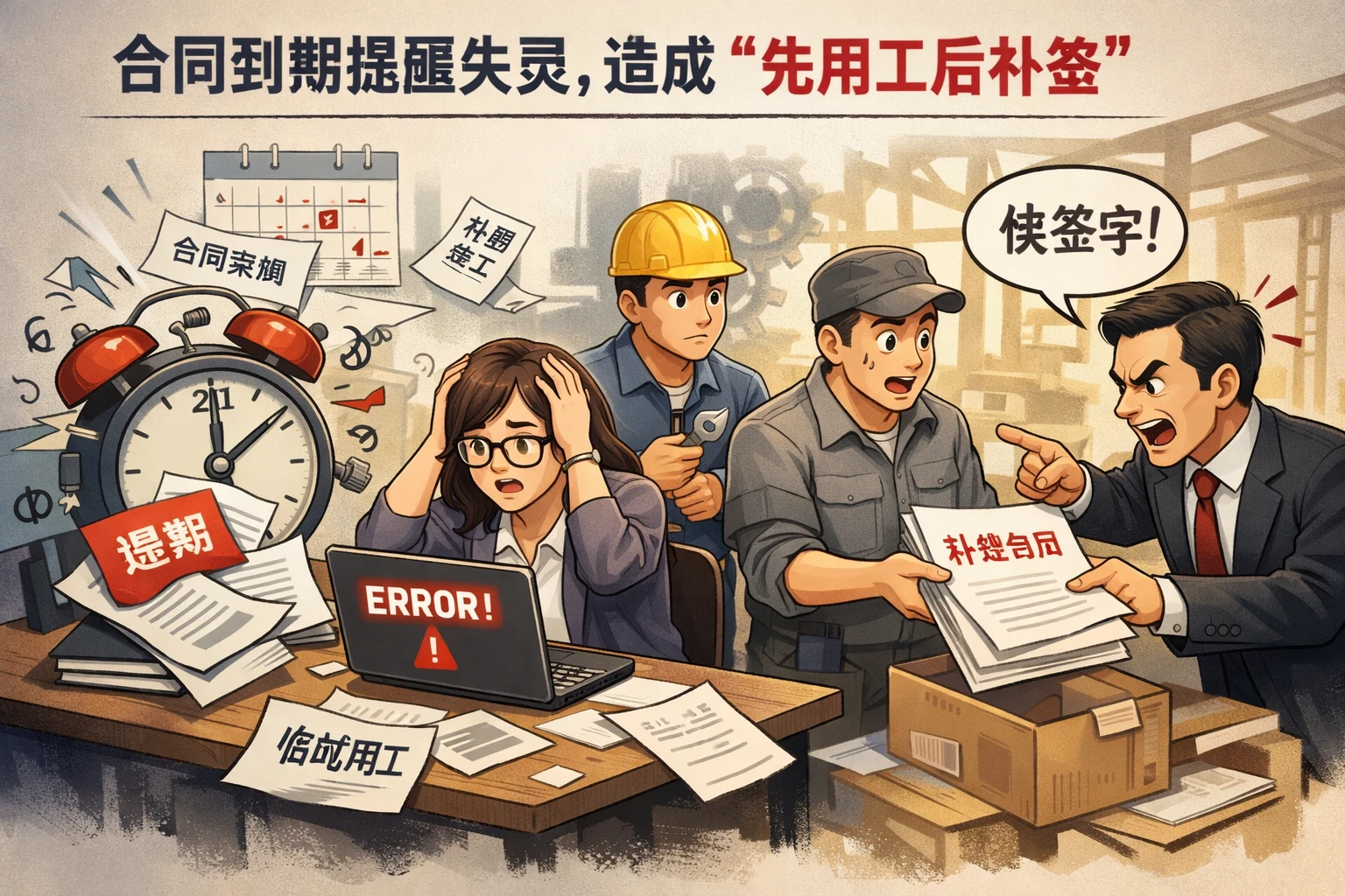 合同到期提醒失灵，造成“先用工后补签”