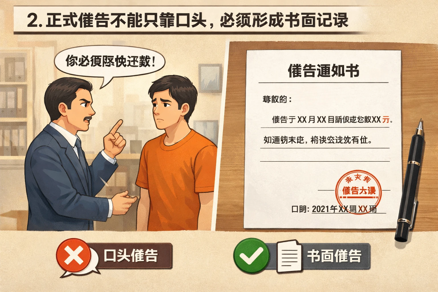 2. 正式催告不能只靠口头,必须形成书面记录