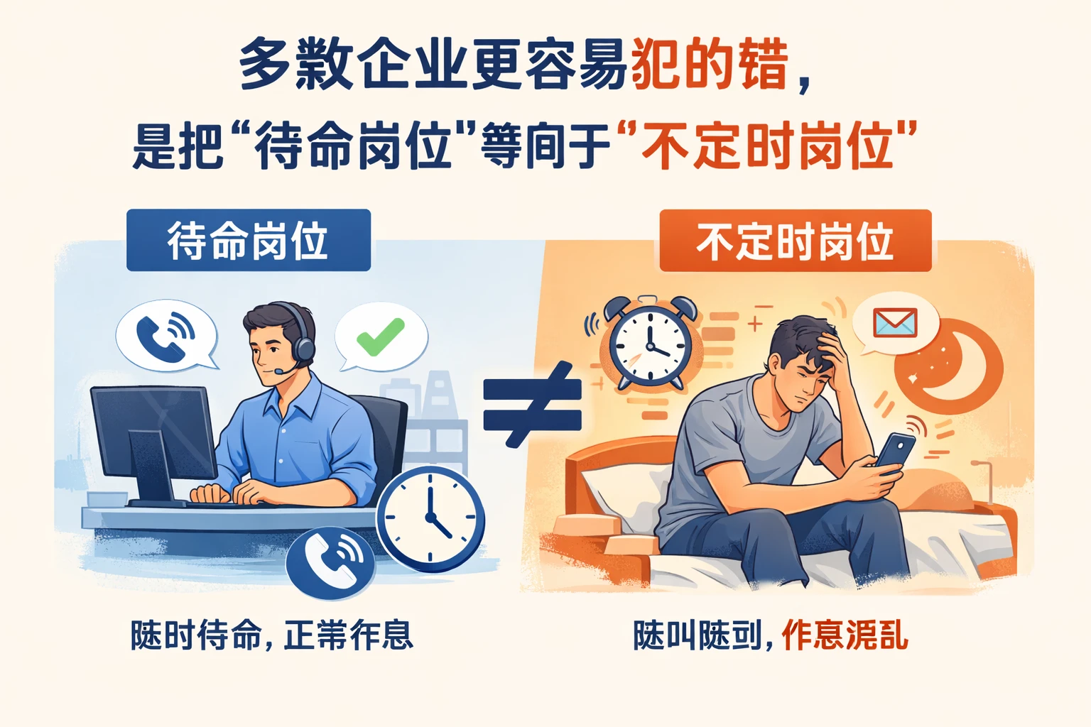 多数企业更容易犯的错，是把“待命岗位”等同于“不定时岗位”