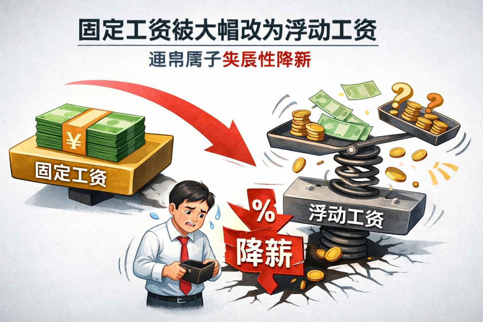 固定工资被大幅改为浮动工资，通常属于实质性降薪