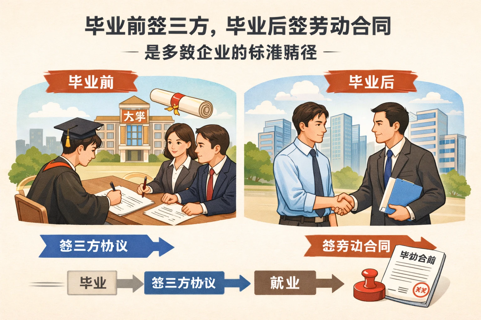 毕业前签三方，毕业后签劳动合同，是多数企业的标准路径