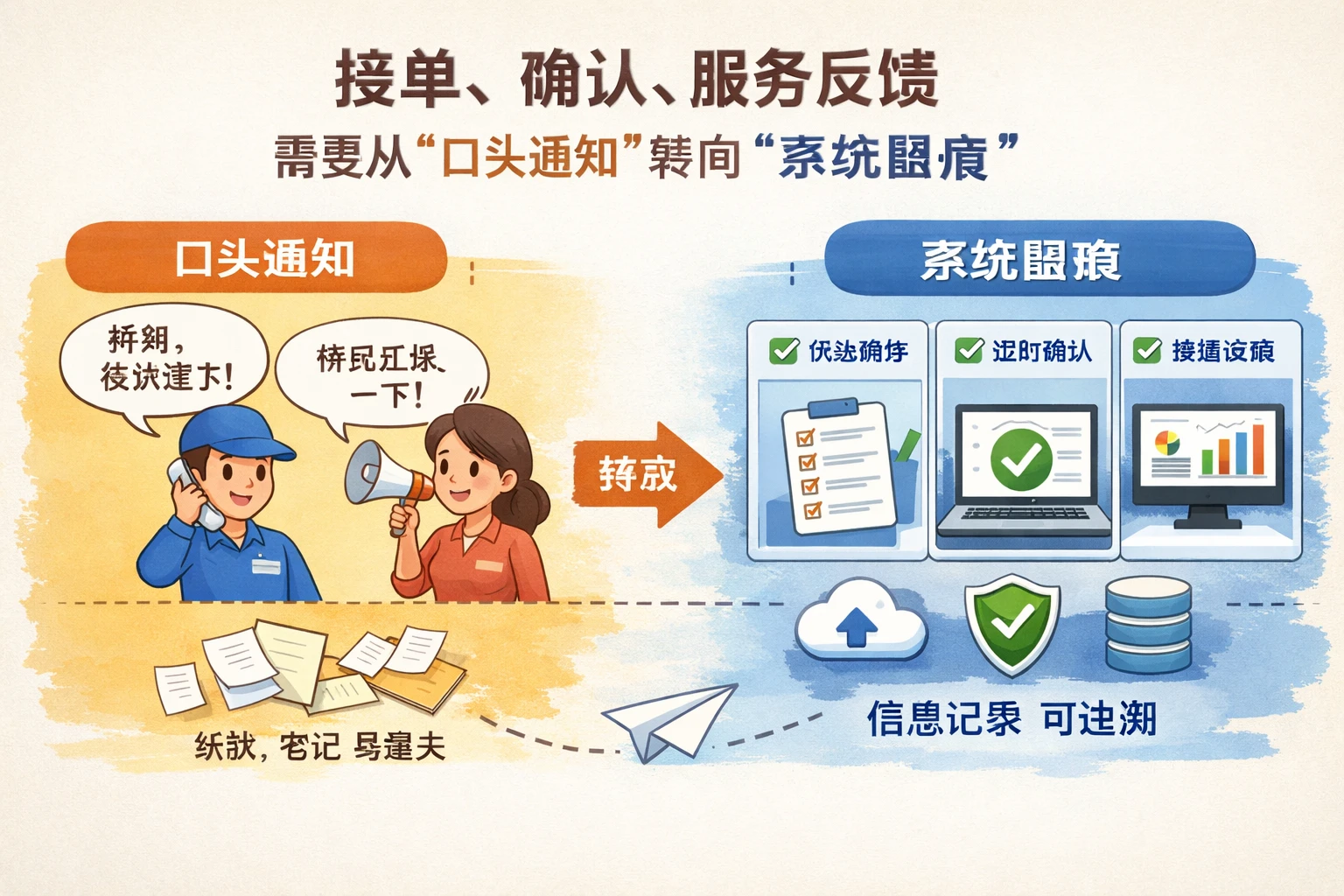接单、确认、服务反馈，需要从“口头通知”转向“系统留痕”
