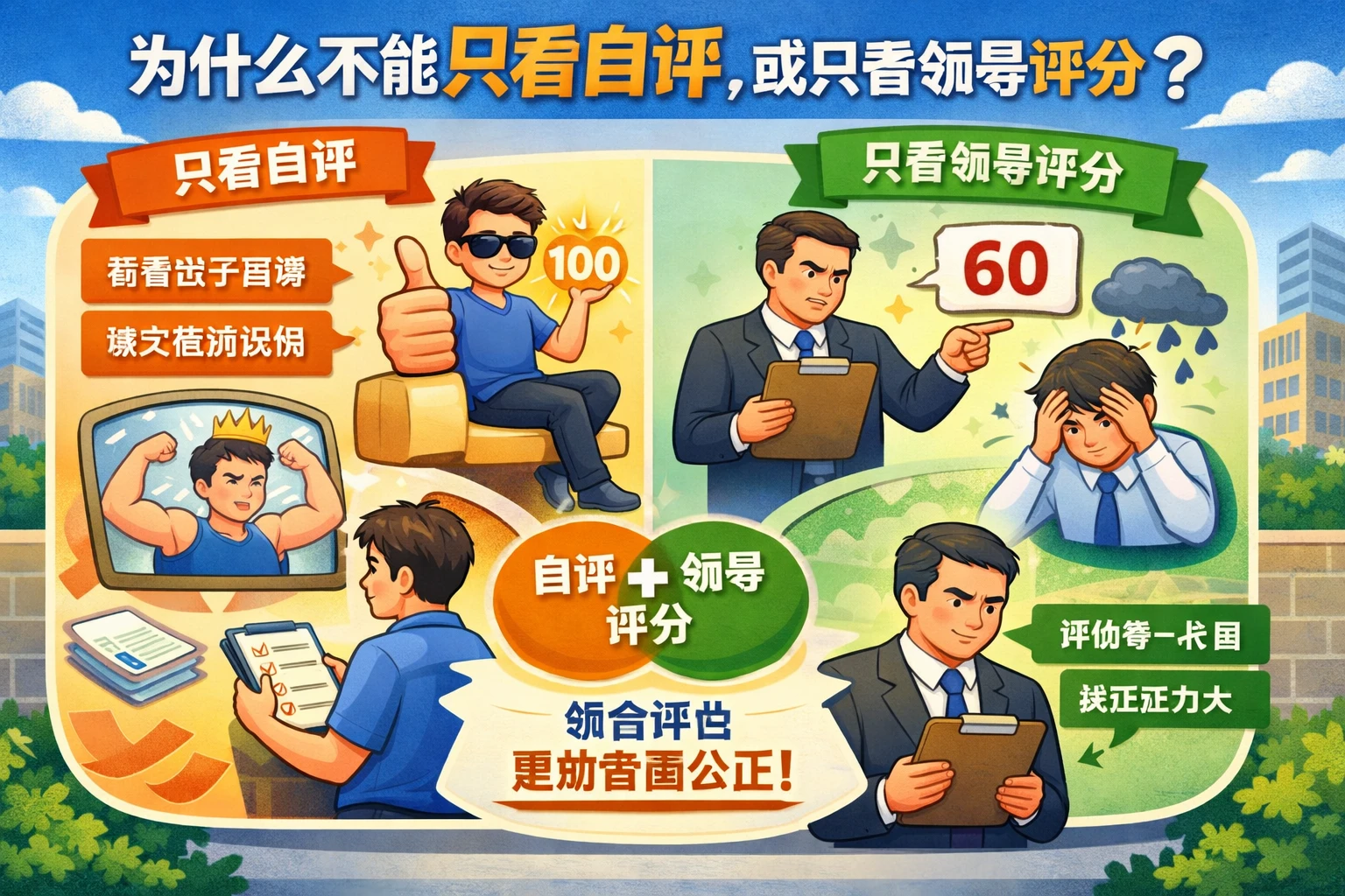 为什么不能只看自评，或只看领导评分