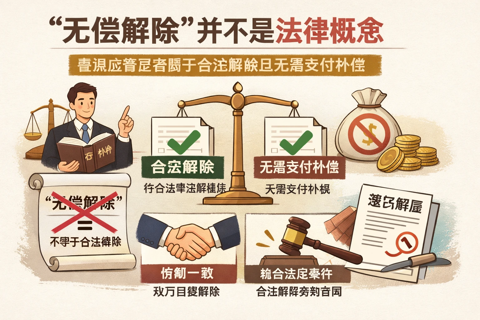 “无偿解除”并不是法律概念，重点应看是否属于合法解除且无需支付补偿