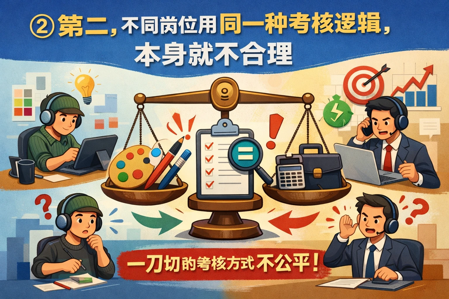 第二，不同岗位用同一种考核逻辑，本身就不合理