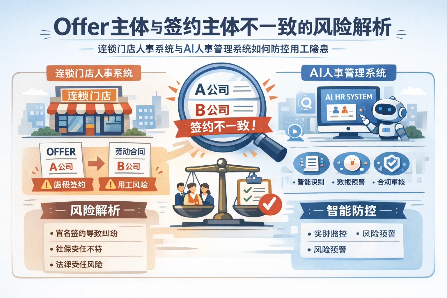 人力资源管理系统视角下,offer主体与签约主体不一致的风险解析:连锁门店人事系统与AI人事管理系统如何防控用工隐患
